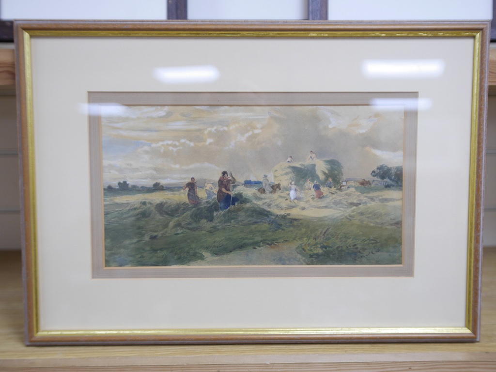 David Cox (1783-1859), heightened watercolour, Figures haymaking, signed, 20 x 37cm. Condition - some discolouration throughout